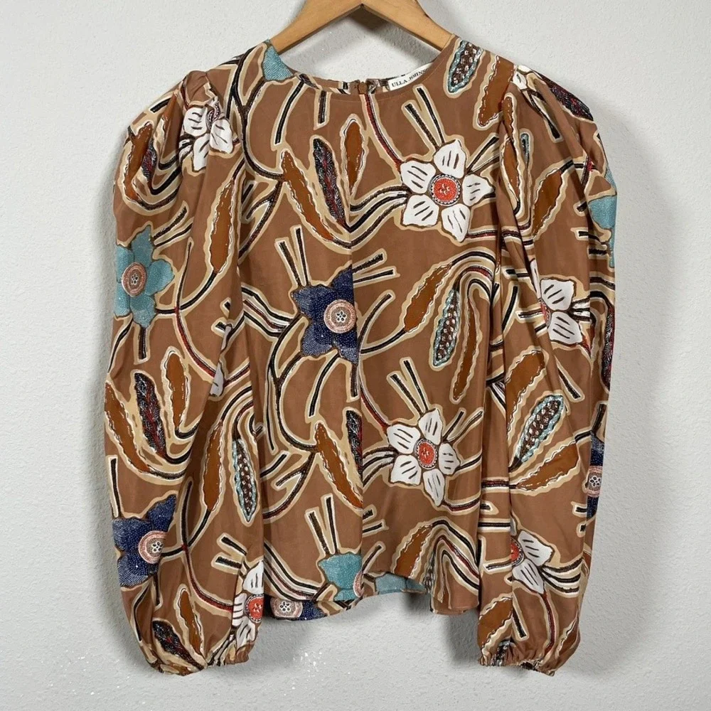 Ulla Johnson Silk Blouse 4 Brown Floral Puff Sleeve Boho Cottagecore Batik Top